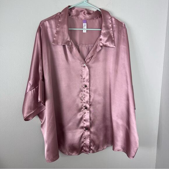 Satin Silky Button Down Top Short Sleeve Collar - Picture 2 of 6